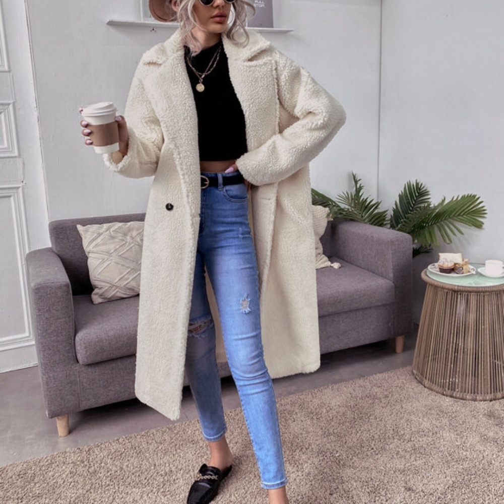 Camel wide collar teddy button trench Coat Jacket Fall - Picture 8 of 10